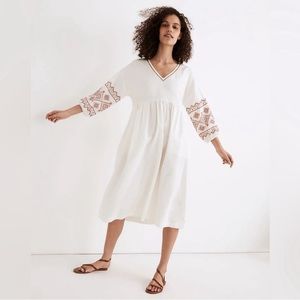 Madewell White Midi Dress with Embroidered Sleeves